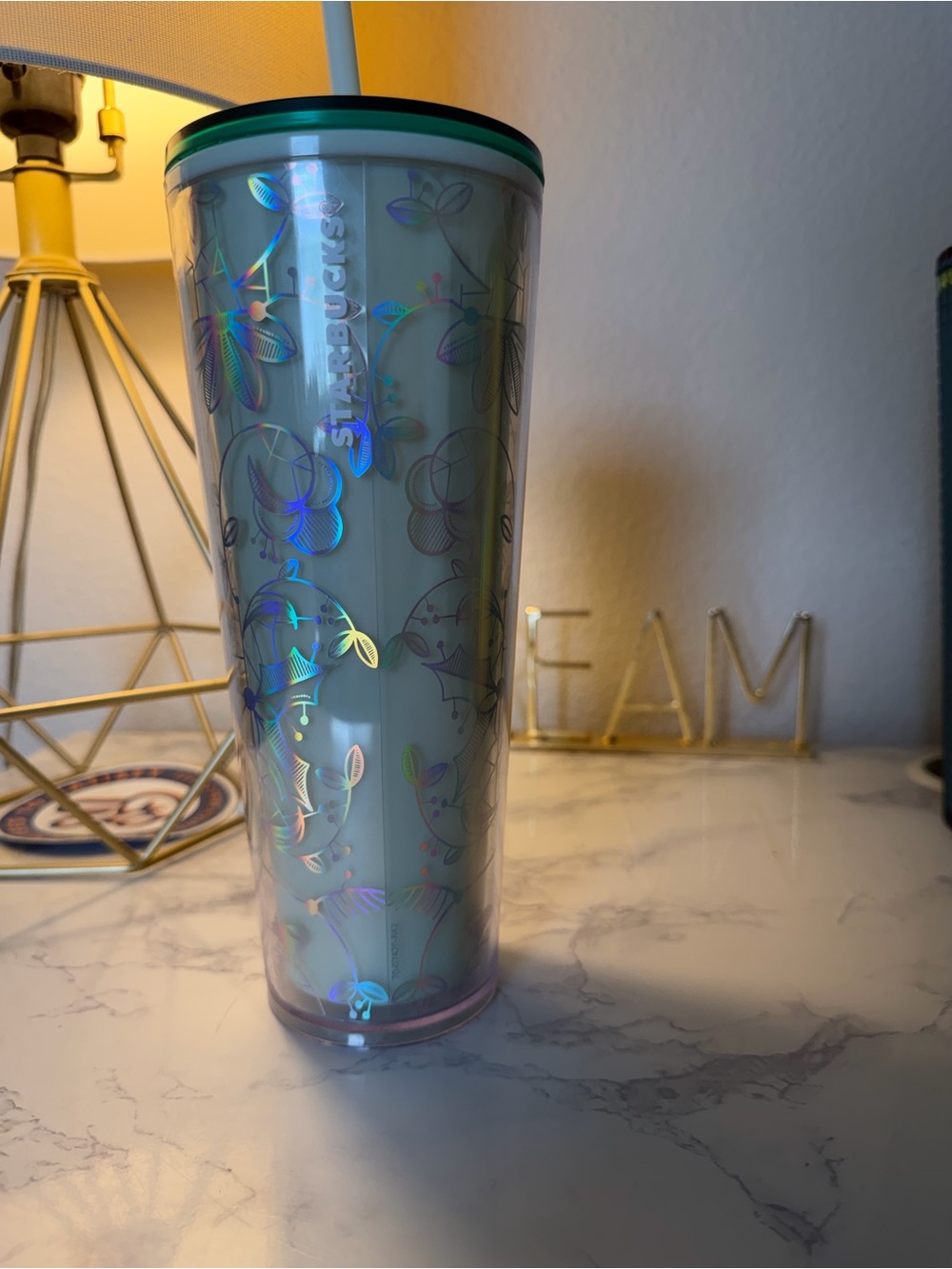 Starbucks Holographic Leaf Pattern Tumbler with Green Lid